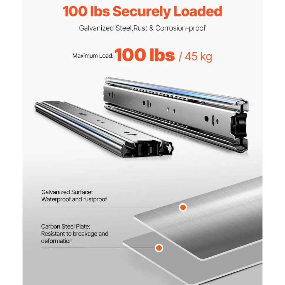 VEVOR Drawer Slides, 18 inch, 10 Pairs Full Extension Ball Bearing Cabinet Rails, 100 LB Load Capacity Heavy Duty Side Mount Dresser Drawer Slides, Drawer Track Runners for Kitchen DIY Replacement