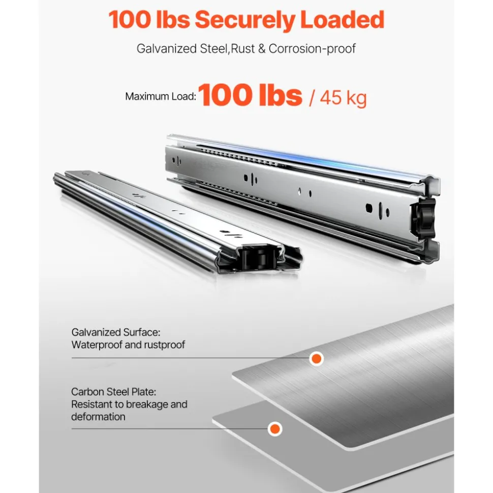 VEVOR Drawer Slides, 22 inch, 10 Pairs Full Extension Ball Bearing Cabinet Rails, 100 LB Load Capacity Heavy Duty Side Mount Dresser Drawer Slides, Drawer Track Runners for Kitchen DIY Replacement