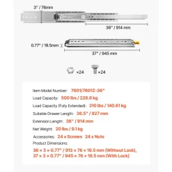 VEVOR Drawer Slides, 1 Pair 36inch Locking Drawer Slides, 500lbs Load Capacity, Side Mount Ball Bearing Drawer Glides, Long Full Extension Drawer Slide