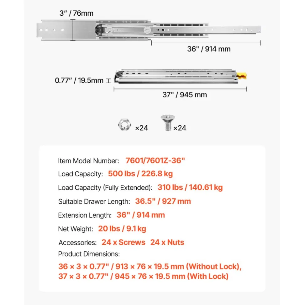 VEVOR Drawer Slides, 1 Pair 36inch Locking Drawer Slides, 500lbs Load Capacity, Side Mount Ball Bearing Drawer Glides, Long Full Extension Drawer Slide