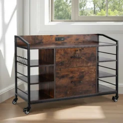 VEVOR 2 Drawers Metal File Cabinet, Lateral Filing Cabinet with Lock and 6 Open Shelves, Wooden Wide Filing Storage Cabinets with Power Strip for Letter, A4, Legal Size File, Easy Assembly, Brown