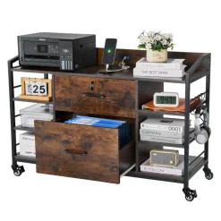 VEVOR 2 Drawers Metal File Cabinet, Lateral Filing Cabinet with Lock and 6 Open Shelves, Wooden Wide Filing Storage Cabinets with Power Strip for Letter, A4, Legal Size File, Easy Assembly, Brown