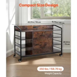 VEVOR 2 Drawers Metal File Cabinet, Lateral Filing Cabinet with Lock and 6 Open Shelves, Wooden Wide Filing Storage Cabinets with Power Strip for Letter, A4, Legal Size File, Easy Assembly, Brown