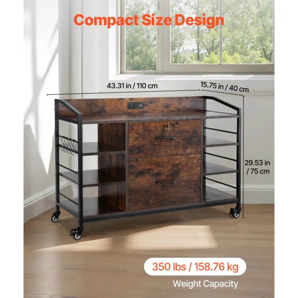 VEVOR 2 Drawers Metal File Cabinet, Lateral Filing Cabinet with Lock and 6 Open Shelves, Wooden Wide Filing Storage Cabinets with Power Strip for Letter, A4, Legal Size File, Easy Assembly, Brown