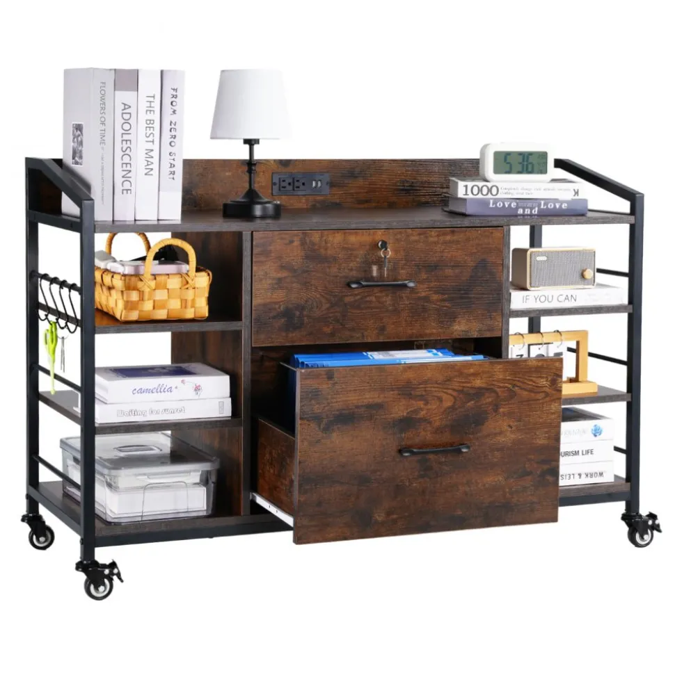 VEVOR 2 Drawers Metal File Cabinet, Lateral Filing Cabinet with Lock and 6 Open Shelves, Wooden Wide Filing Storage Cabinets with Power Strip for Letter, A4, Legal Size File, Easy Assembly, Brown
