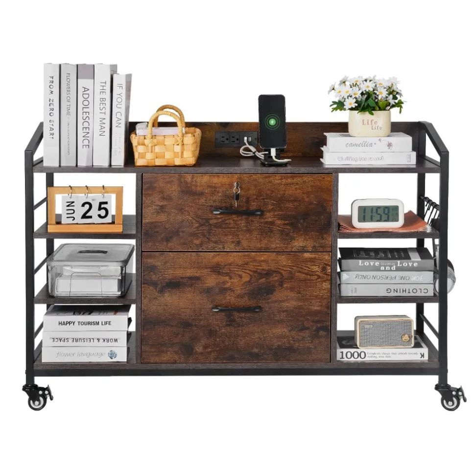 VEVOR 2 Drawers Metal File Cabinet, Lateral Filing Cabinet with Lock and 6 Open Shelves, Wooden Wide Filing Storage Cabinets with Power Strip for Letter, A4, Legal Size File, Easy Assembly, Brown