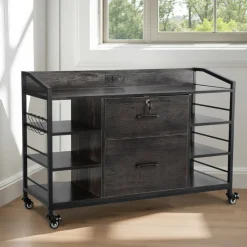 VEVOR 2 Drawers Metal File Cabinet, Lateral Filing Cabinet with Lock and 6 Open Shelves, Wooden Wide Filing Storage Cabinets with Power Strip for Letter, A4, Legal Size File, Easy Assembly, Gray