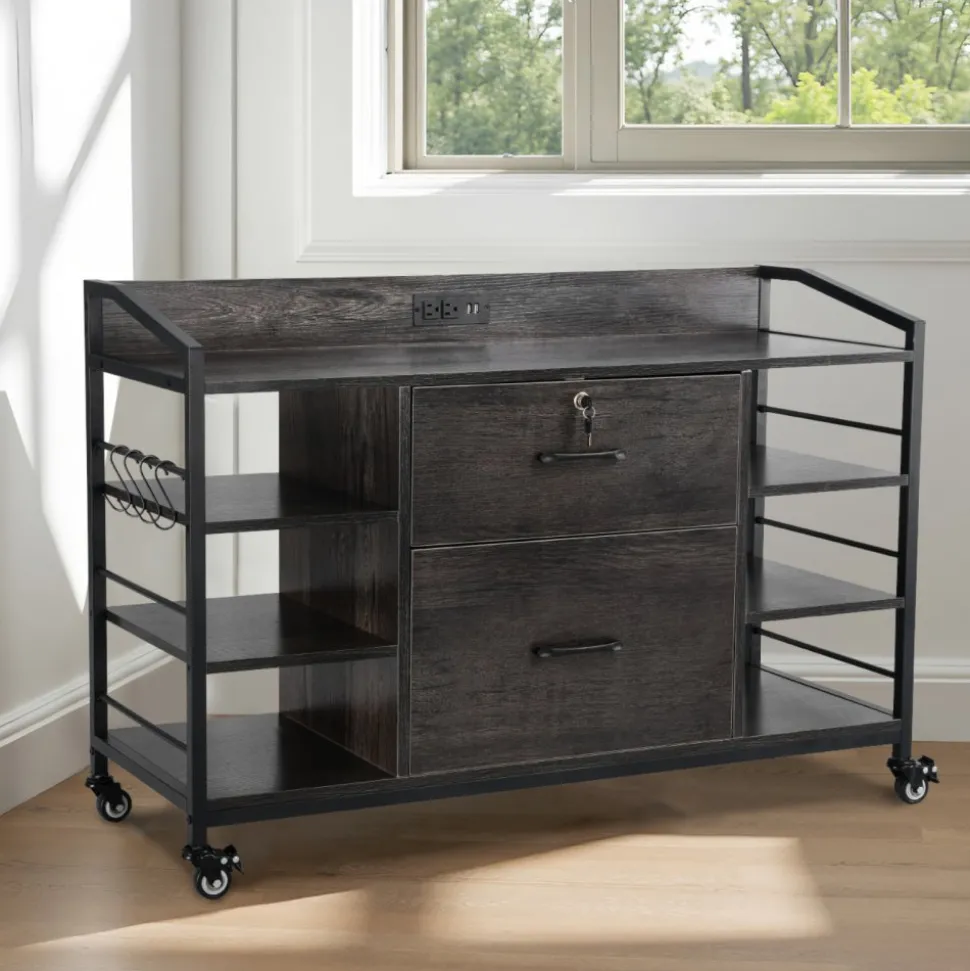 VEVOR 2 Drawers Metal File Cabinet, Lateral Filing Cabinet with Lock and 6 Open Shelves, Wooden Wide Filing Storage Cabinets with Power Strip for Letter, A4, Legal Size File, Easy Assembly, Gray