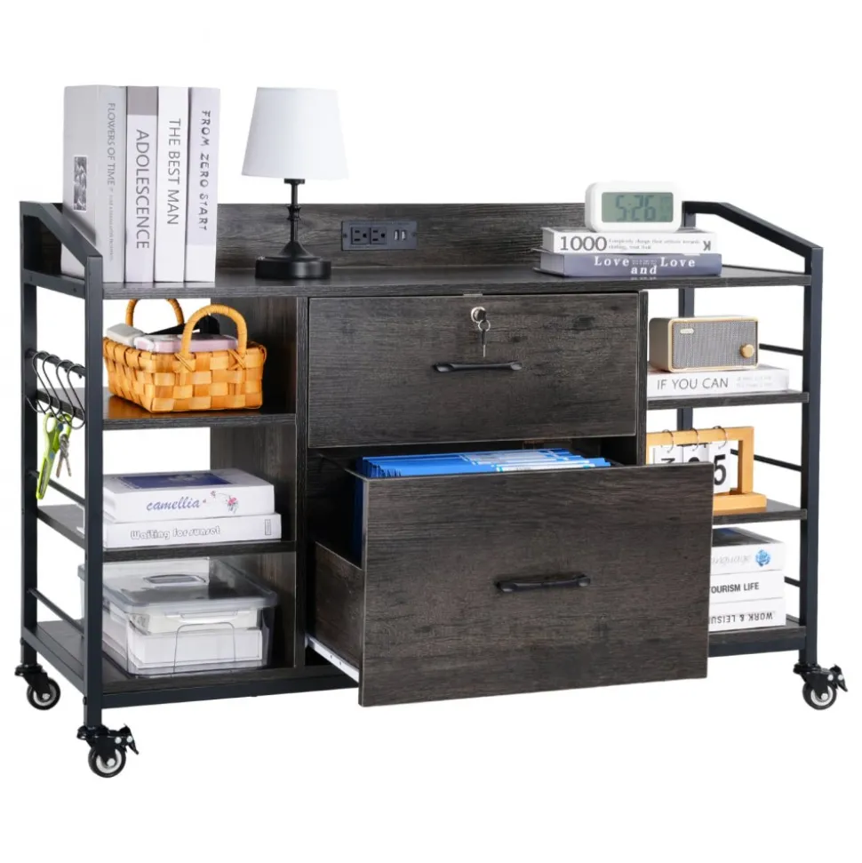 VEVOR 2 Drawers Metal File Cabinet, Lateral Filing Cabinet with Lock and 6 Open Shelves, Wooden Wide Filing Storage Cabinets with Power Strip for Letter, A4, Legal Size File, Easy Assembly, Gray
