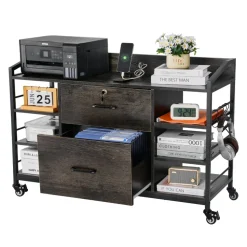 VEVOR 2 Drawers Metal File Cabinet, Lateral Filing Cabinet with Lock and 6 Open Shelves, Wooden Wide Filing Storage Cabinets with Power Strip for Letter, A4, Legal Size File, Easy Assembly, Gray