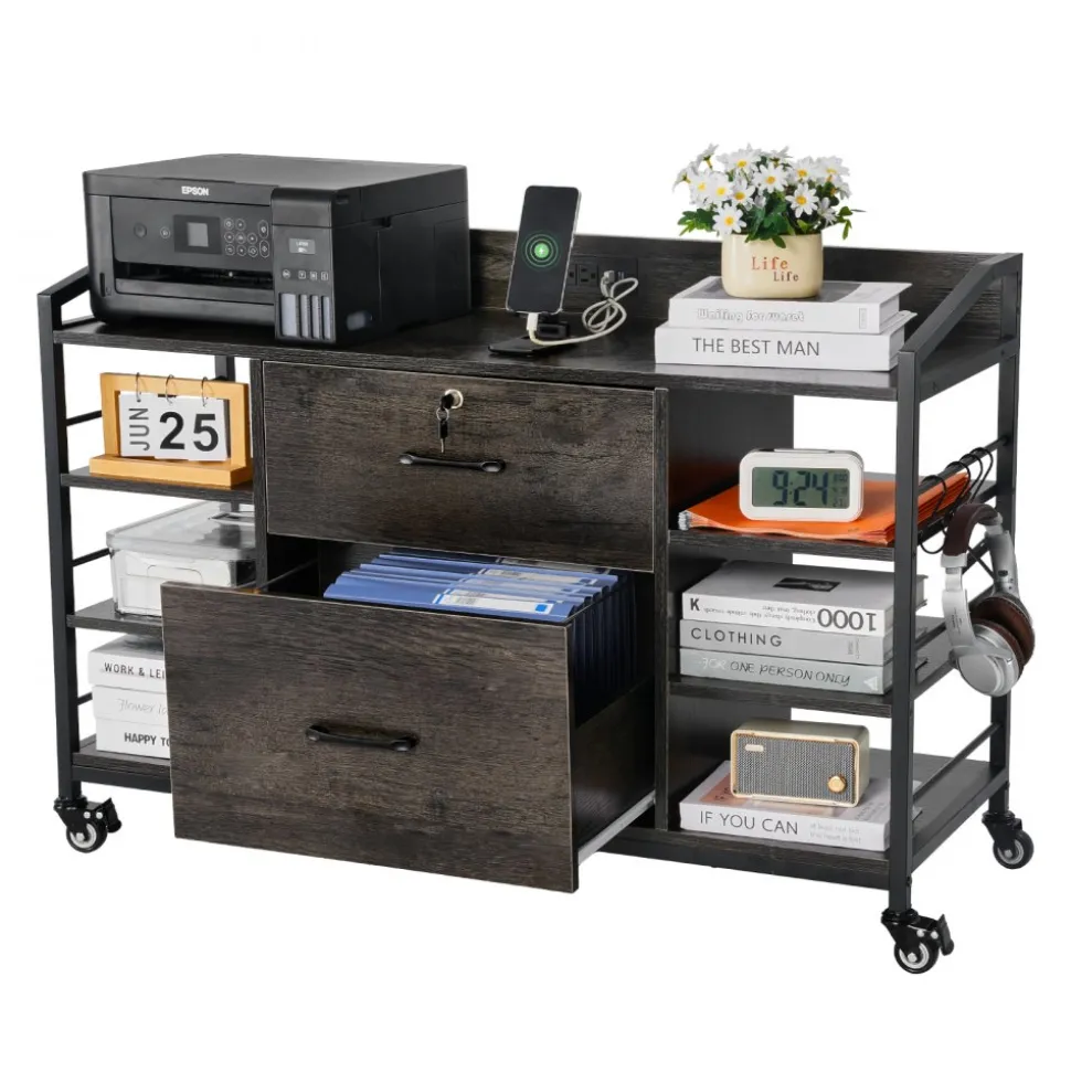 VEVOR 2 Drawers Metal File Cabinet, Lateral Filing Cabinet with Lock and 6 Open Shelves, Wooden Wide Filing Storage Cabinets with Power Strip for Letter, A4, Legal Size File, Easy Assembly, Gray