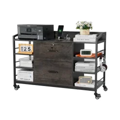 VEVOR 2 Drawers Metal File Cabinet, Lateral Filing Cabinet with Lock and 6 Open Shelves, Wooden Wide Filing Storage Cabinets with Power Strip for Letter, A4, Legal Size File, Easy Assembly, Gray