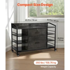 VEVOR 2 Drawers Metal File Cabinet, Lateral Filing Cabinet with Lock and 6 Open Shelves, Wooden Wide Filing Storage Cabinets with Power Strip for Letter, A4, Legal Size File, Easy Assembly, Gray