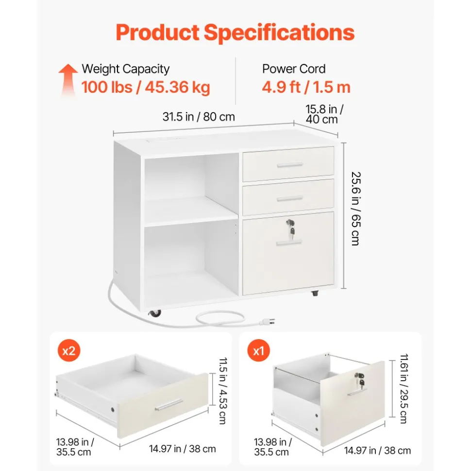 VEVOR 3 Drawer Wooden File Cabinet, Mobile Filing Cabinet with Light Strip, Lockable Rolling File Storage with Adjustable Shelves & 5 Wheels, Free Standing Printer Stand for Home Office School, White