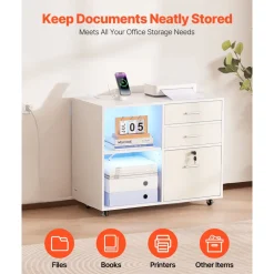 VEVOR 3 Drawer Wooden File Cabinet, Mobile Filing Cabinet with Light Strip, Lockable Rolling File Storage with Adjustable Shelves & 5 Wheels, Free Standing Printer Stand for Home Office School, White