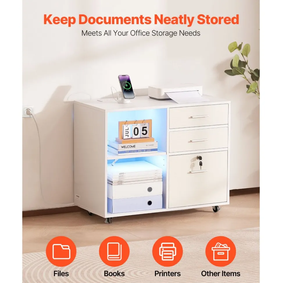 VEVOR 3 Drawer Wooden File Cabinet, Mobile Filing Cabinet with Light Strip, Lockable Rolling File Storage with Adjustable Shelves & 5 Wheels, Free Standing Printer Stand for Home Office School, White