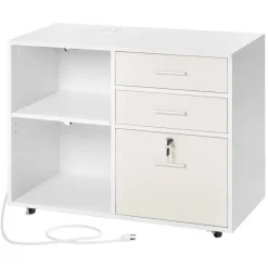 VEVOR 3 Drawer Wooden File Cabinet, Mobile Filing Cabinet with Light Strip, Lockable Rolling File Storage with Adjustable Shelves & 5 Wheels, Free Standing Printer Stand for Home Office School, White