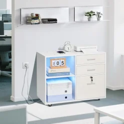 VEVOR 3 Drawer Wooden File Cabinet, Mobile Filing Cabinet with Light Strip, Lockable Rolling File Storage with Adjustable Shelves & 5 Wheels, Free Standing Printer Stand for Home Office School, White