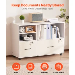 VEVOR 2 Drawer Wooden File Cabinet, Mobile Filing Cabinet with Open Shelves, Lockable Lateral Rolling File Storage with Adjustable Shelves, Free Standing Printer Stand for Home Office School, White
