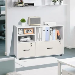 VEVOR 2 Drawer Wooden File Cabinet, Mobile Filing Cabinet with Open Shelves, Lockable Lateral Rolling File Storage with Adjustable Shelves, Free Standing Printer Stand for Home Office School, White