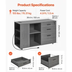 VEVOR 3 Drawer Wooden File Cabinet, Mobile Filing Cabinet with Power Strip, Lockable Rolling File Storage with Adjustable Shelves & 5 Wheels, Floor Standing Printer Stand for Home Office School, Gray