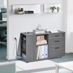 VEVOR 3 Drawer Wooden File Cabinet, Mobile Filing Cabinet with Power Strip, Lockable Rolling File Storage with Adjustable Shelves & 5 Wheels, Floor Standing Printer Stand for Home Office School, Gray