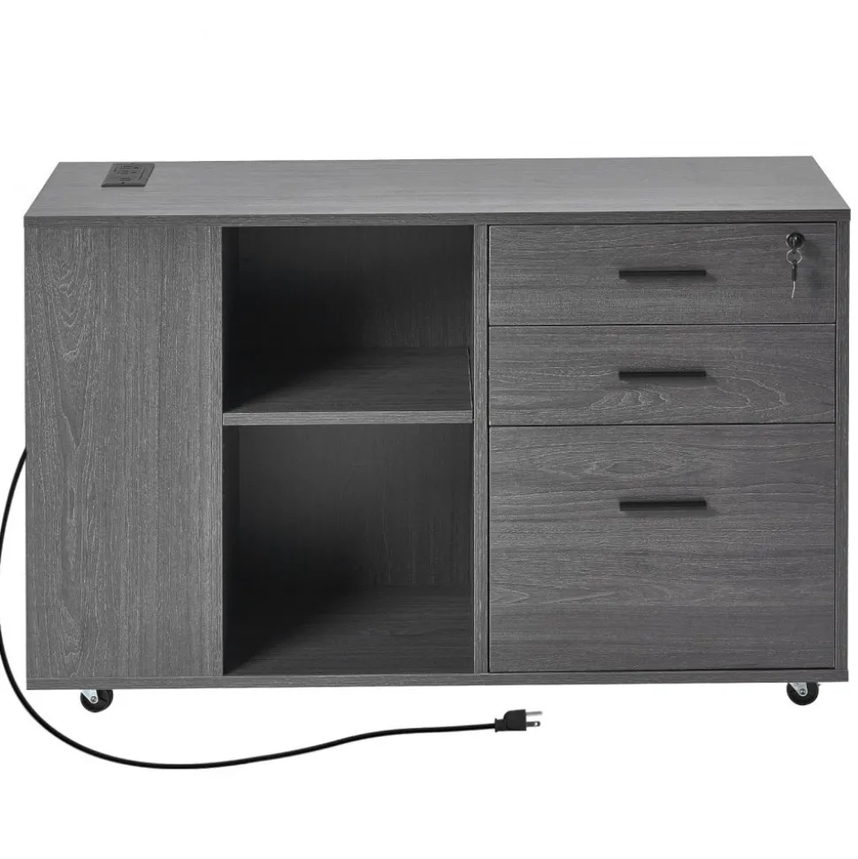 VEVOR 3 Drawer Wooden File Cabinet, Mobile Filing Cabinet with Power Strip, Lockable Rolling File Storage with Adjustable Shelves & 5 Wheels, Floor Standing Printer Stand for Home Office School, Gray