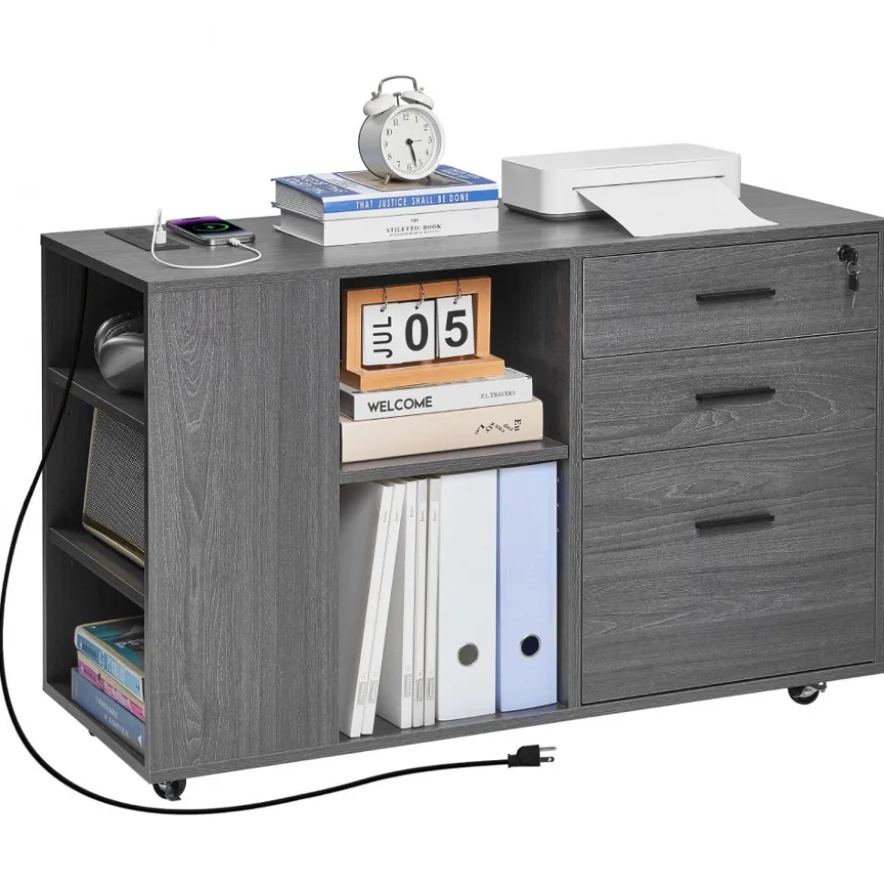 VEVOR 3 Drawer Wooden File Cabinet, Mobile Filing Cabinet with Power Strip, Lockable Rolling File Storage with Adjustable Shelves & 5 Wheels, Floor Standing Printer Stand for Home Office School, Gray