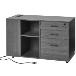 VEVOR 3 Drawer Wooden File Cabinet, Mobile Filing Cabinet with Power Strip, Lockable Rolling File Storage with Adjustable Shelves & 5 Wheels, Floor Standing Printer Stand for Home Office School, Gray
