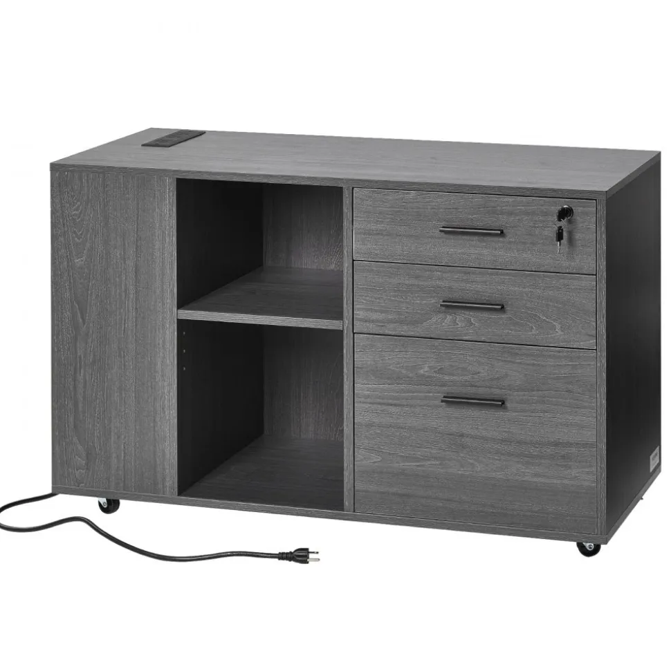 VEVOR 3 Drawer Wooden File Cabinet, Mobile Filing Cabinet with Power Strip, Lockable Rolling File Storage with Adjustable Shelves & 5 Wheels, Floor Standing Printer Stand for Home Office School, Gray