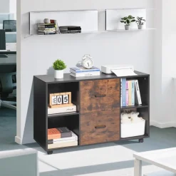 VEVOR 2 Drawer Wooden File Cabinet, Mobile Filing Cabinet with Open Shelves, Lateral Rolling File Storage with Lockable Wheels, Modern Free Standing Printer Stand for Home, Office, School, Black