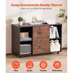 VEVOR 2 Drawer Wooden File Cabinet, Mobile Filing Cabinet with Open Shelves, Lateral Rolling File Storage with Lockable Wheels, Modern Free Standing Printer Stand for Home, Office, School, Black
