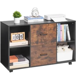 VEVOR 2 Drawer Wooden File Cabinet, Mobile Filing Cabinet with Open Shelves, Lateral Rolling File Storage with Lockable Wheels, Modern Free Standing Printer Stand for Home, Office, School, Black