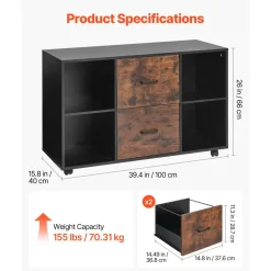VEVOR 2 Drawer Wooden File Cabinet, Mobile Filing Cabinet with Open Shelves, Lateral Rolling File Storage with Lockable Wheels, Modern Free Standing Printer Stand for Home, Office, School, Black