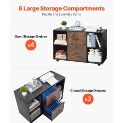 VEVOR 2 Drawer Wooden File Cabinet, Mobile Filing Cabinet with Open Shelves, Lateral Rolling File Storage with Lockable Wheels, Modern Free Standing Printer Stand for Home, Office, School, Black