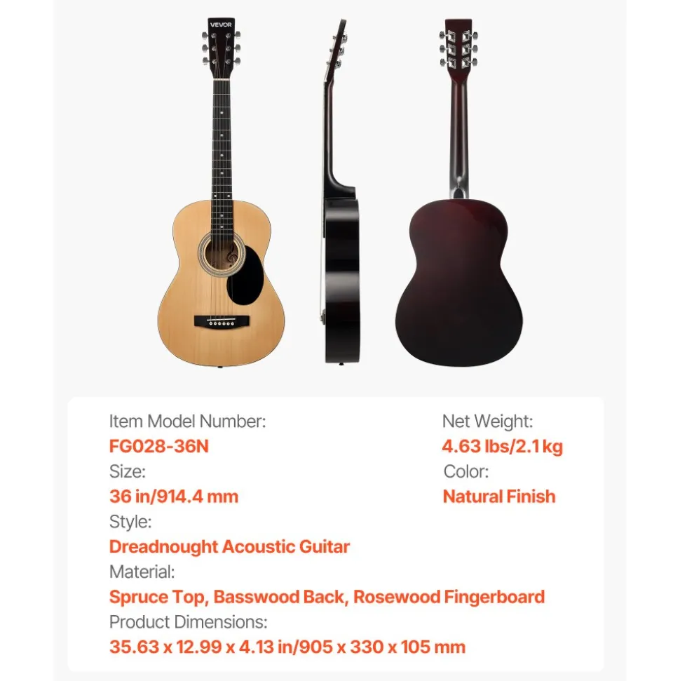 VEVOR Dreadnought Acoustic Guitar, 36 in, 6-String Natural Solid Top Guitar, Portable Bundle with Gig Bag, Tuner, Strap, Steel Strings, Picks, Capo, Rosewood Fingerboard, for Beginner Teen Small Hands
