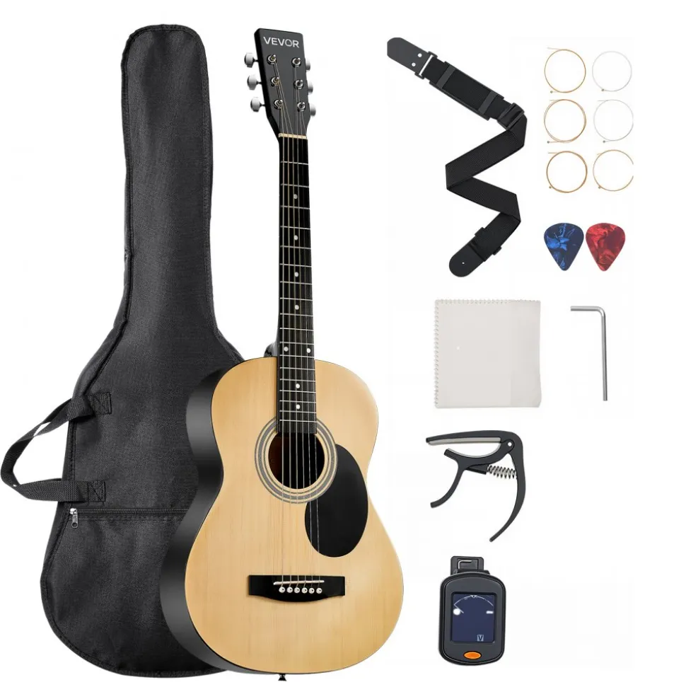 VEVOR Dreadnought Acoustic Guitar, 36 in, 6-String Natural Solid Top Guitar, Portable Bundle with Gig Bag, Tuner, Strap, Steel Strings, Picks, Capo, Rosewood Fingerboard, for Beginner Teen Small Hands
