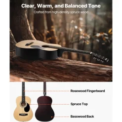 VEVOR Dreadnought Acoustic Guitar, 36 in, 6-String Natural Solid Top Guitar, Portable Bundle with Gig Bag, Tuner, Strap, Steel Strings, Picks, Capo, Rosewood Fingerboard, for Beginner Teen Small Hands