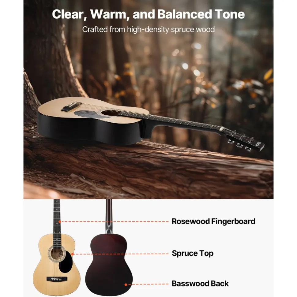 VEVOR Dreadnought Acoustic Guitar, 36 in, 6-String Natural Solid Top Guitar, Portable Bundle with Gig Bag, Tuner, Strap, Steel Strings, Picks, Capo, Rosewood Fingerboard, for Beginner Teen Small Hands