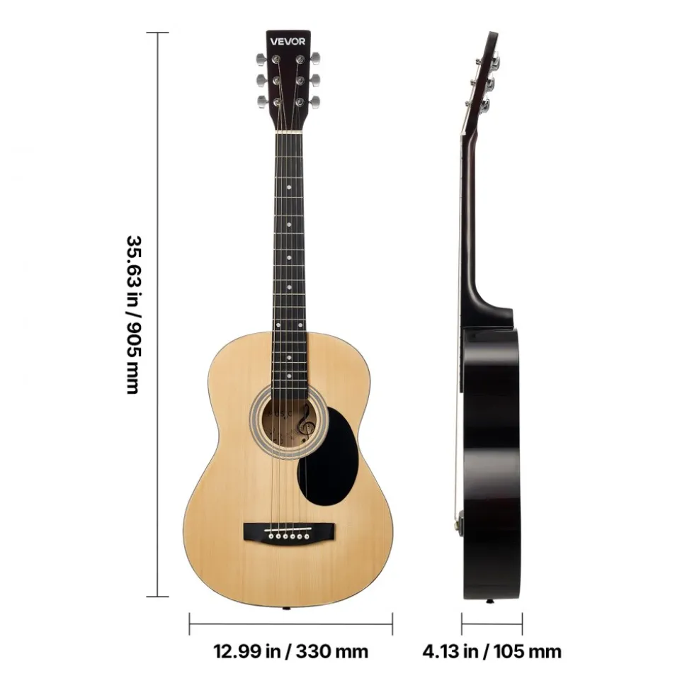 VEVOR Dreadnought Acoustic Guitar, 36 in, 6-String Natural Solid Top Guitar, Portable Bundle with Gig Bag, Tuner, Strap, Steel Strings, Picks, Capo, Rosewood Fingerboard, for Beginner Teen Small Hands