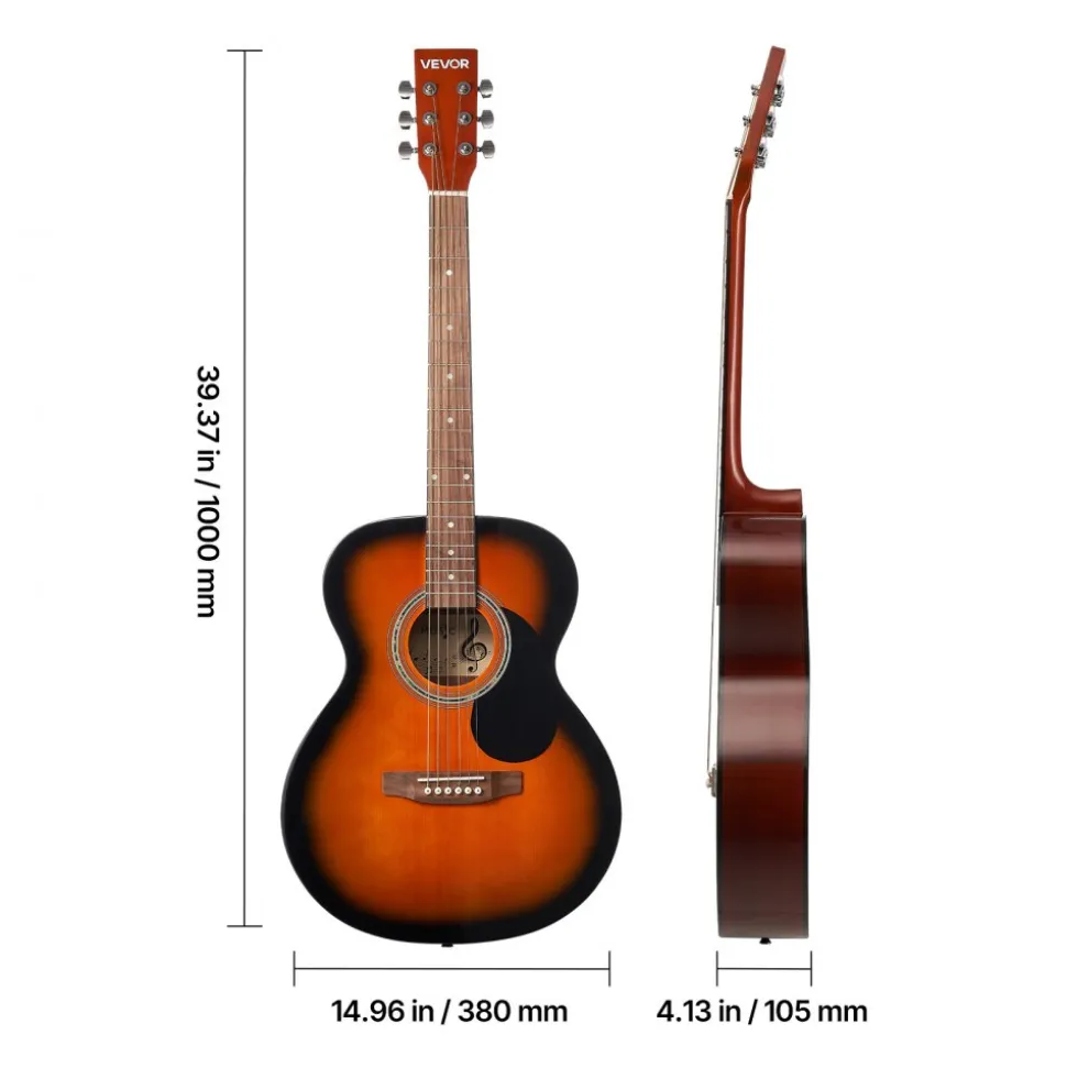 VEVOR Dreadnought Acoustic Guitar, 40 in, 6-String Sunburst Solid Top Guitar, Beginner Bundle with Gig Bag, Tuner, Strap, Steel Strings, Picks, Capo, Rosewood Fingerboard, for Adults, Skilled Players