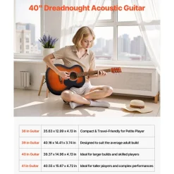 VEVOR Dreadnought Acoustic Guitar, 40 in, 6-String Sunburst Solid Top Guitar, Beginner Bundle with Gig Bag, Tuner, Strap, Steel Strings, Picks, Capo, Rosewood Fingerboard, for Adults, Skilled Players