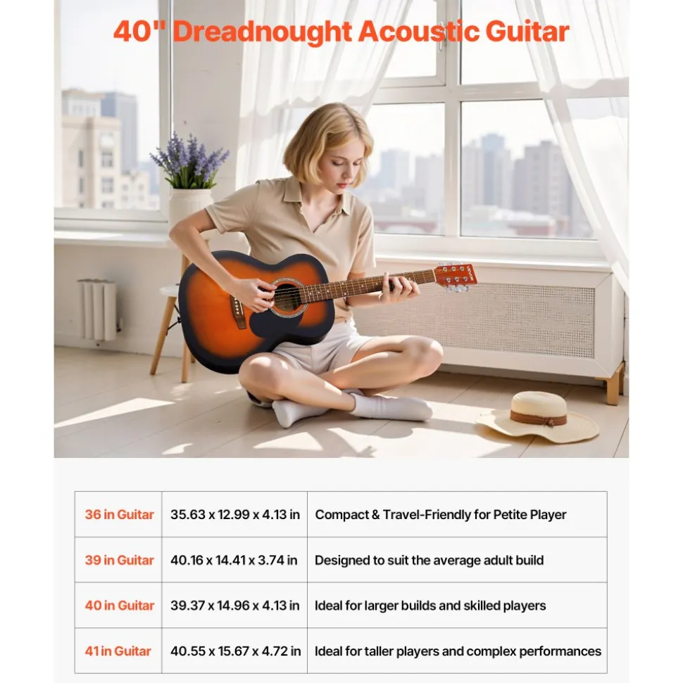 VEVOR Dreadnought Acoustic Guitar, 40 in, 6-String Sunburst Solid Top Guitar, Beginner Bundle with Gig Bag, Tuner, Strap, Steel Strings, Picks, Capo, Rosewood Fingerboard, for Adults, Skilled Players