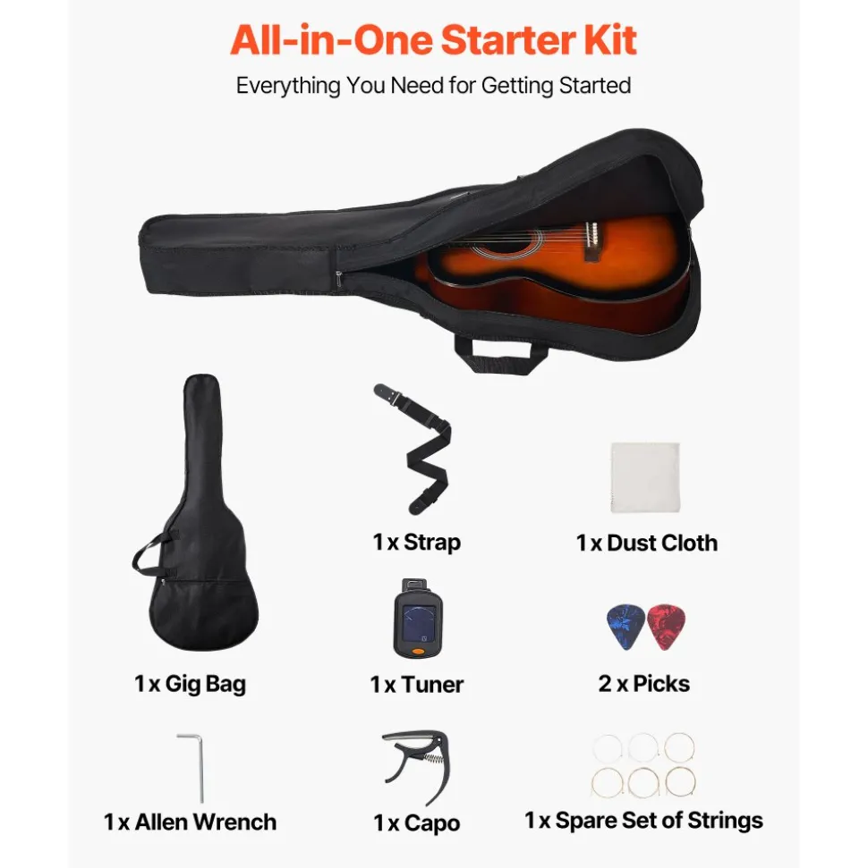 VEVOR Dreadnought Acoustic Guitar, 40 in, 6-String Sunburst Solid Top Guitar, Beginner Bundle with Gig Bag, Tuner, Strap, Steel Strings, Picks, Capo, Rosewood Fingerboard, for Adults, Skilled Players