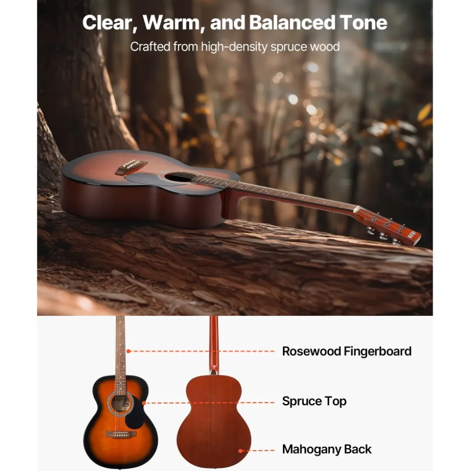 VEVOR Dreadnought Acoustic Guitar, 40 in, 6-String Sunburst Solid Top Guitar, Beginner Bundle with Gig Bag, Tuner, Strap, Steel Strings, Picks, Capo, Rosewood Fingerboard, for Adults, Skilled Players