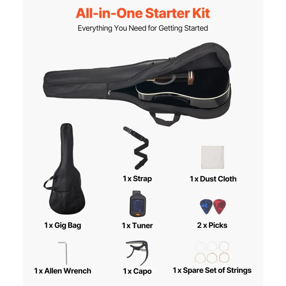 VEVOR Dreadnought Acoustic Guitar, 41 in, 6-String Black Solid Spruce Top Guitar, Beginner Bundle with Gig Bag, Tuner, Strap, Steel Strings, Picks, Capo, Rosewood Fingerboard, for Adult Taller Player