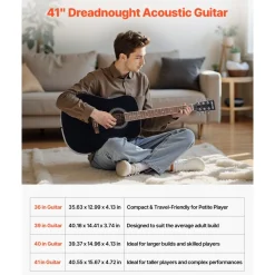 VEVOR Dreadnought Acoustic Guitar, 41 in, 6-String Black Solid Spruce Top Guitar, Beginner Bundle with Gig Bag, Tuner, Strap, Steel Strings, Picks, Capo, Rosewood Fingerboard, for Adult Taller Player