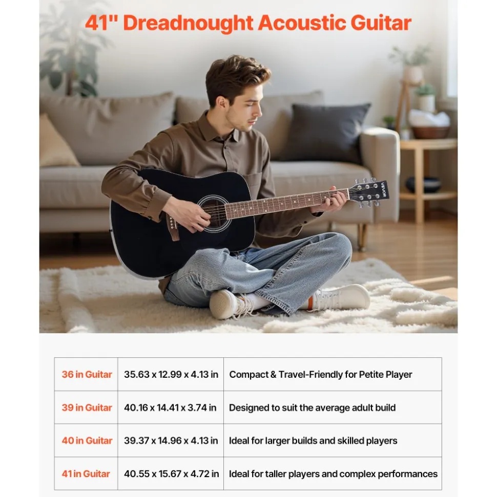 VEVOR Dreadnought Acoustic Guitar, 41 in, 6-String Black Solid Spruce Top Guitar, Beginner Bundle with Gig Bag, Tuner, Strap, Steel Strings, Picks, Capo, Rosewood Fingerboard, for Adult Taller Player