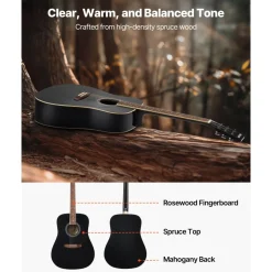 VEVOR Dreadnought Acoustic Guitar, 41 in, 6-String Black Solid Spruce Top Guitar, Beginner Bundle with Gig Bag, Tuner, Strap, Steel Strings, Picks, Capo, Rosewood Fingerboard, for Adult Taller Player