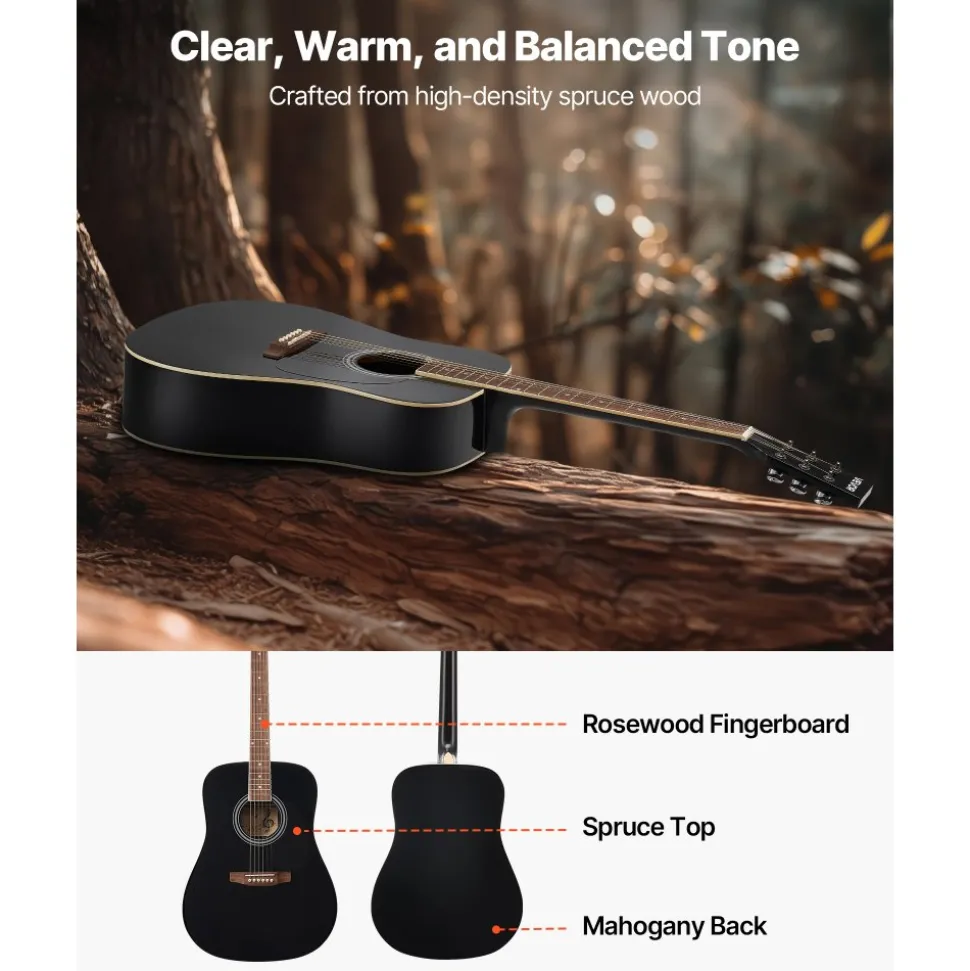 VEVOR Dreadnought Acoustic Guitar, 41 in, 6-String Black Solid Spruce Top Guitar, Beginner Bundle with Gig Bag, Tuner, Strap, Steel Strings, Picks, Capo, Rosewood Fingerboard, for Adult Taller Player